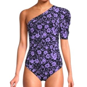 Free People One Shoulder Floral Puff Sleeve Bodysuit Black S